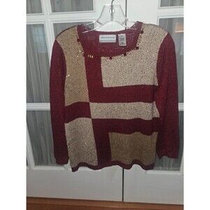 Alfred Dunner Red & Gold Shimmer Geometric Colorblock Sweater Size PM